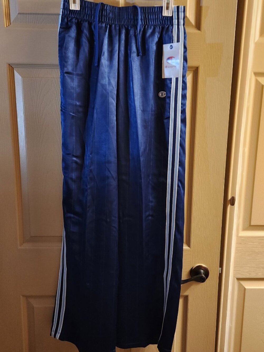 Champion Blue Pin Striped Satin Joggers, size small, new with tags
